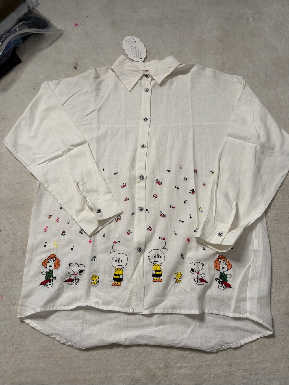 White Women Button-Up Shirt with Cartoon Embroidery by HATUNatila w/ S/ 24x29in